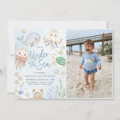 海の下で海動物の誕生日パーティーの写真 招待状 (正面)