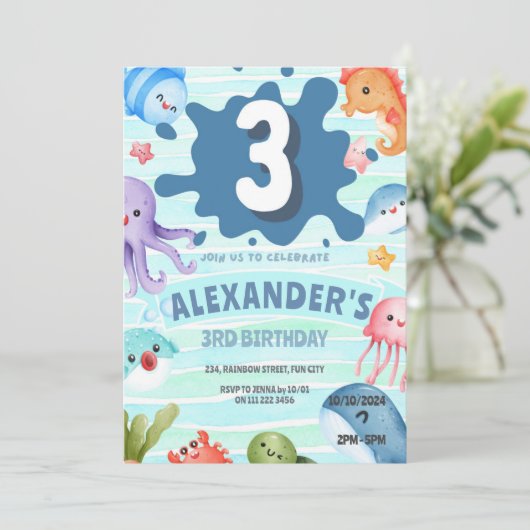 海の下で海動物の3番目の誕生日 招待状 (スタンド正面)