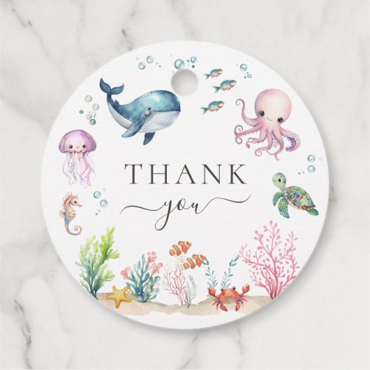 海の下で海動物カラフルの赤ちゃんシャワー フェイバータグ (裏面)