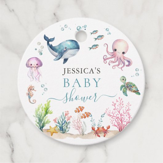 海の下で海動物カラフルの赤ちゃんシャワー フェイバータグ (正面)