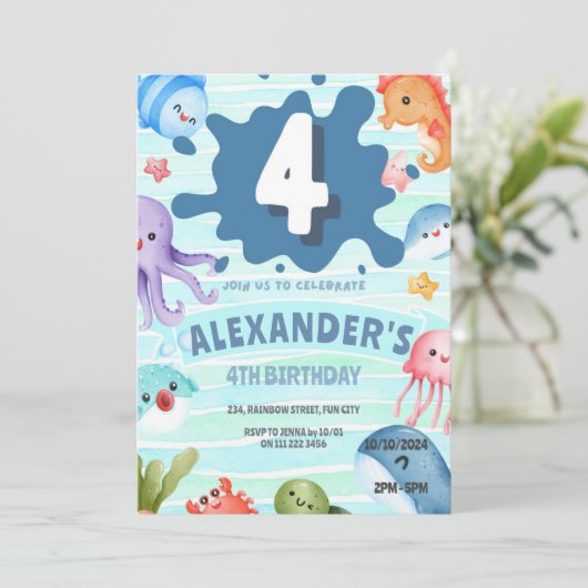 海の下で海動物航海の4歳の誕生日 招待状 (スタンド正面)