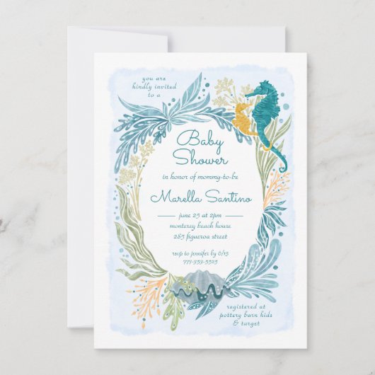 海の下で海波シーホースのベビーシャワー 招待状 (正面)