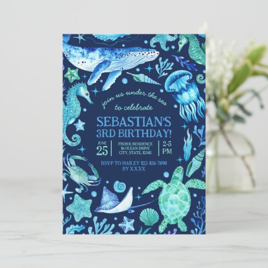 海の下で海海の動物ダークブルーの写真 招待状 (スタンド正面)