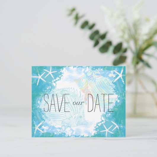 海の下で熱帯の日付を保存結婚 案内ポストカード (スタンド正面)