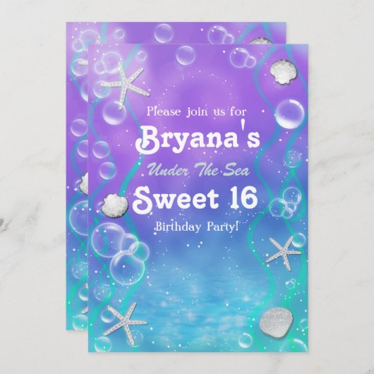海の下で甘い16誕生日パーティーの招待 招待状 (正面/裏面)