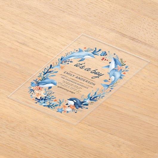 海の下で男の子の青い赤ちゃんシャワー アクリル招待状 (レイダウン)