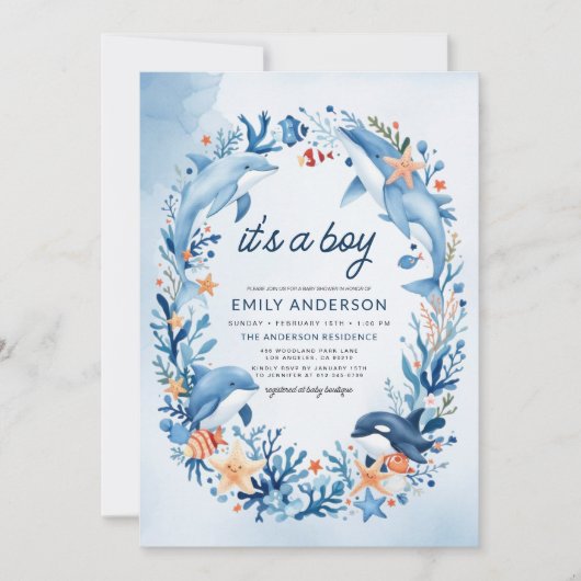 海の下で男の子の青い赤ちゃんシャワー 招待状 (正面)