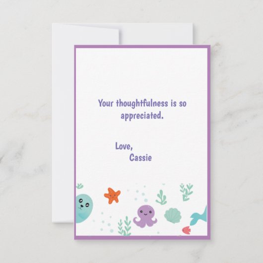 海の下で紫の赤ちゃんシャワーフィッシュ サンキューカード (裏面)