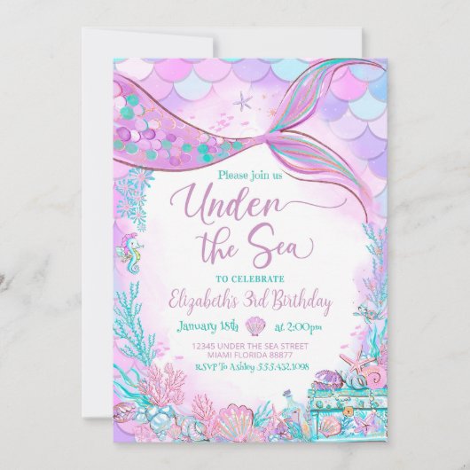 海の下で編集可能 パープルティール リトルマーメイド 招待状 (正面)