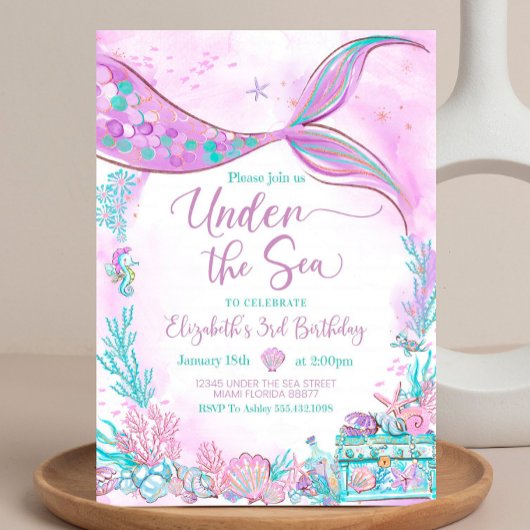 海の下で編集可能 パープルティール リトルマーメイド 招待状