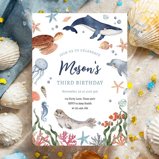 海の下で航海の海動物少年誕生日 招待状