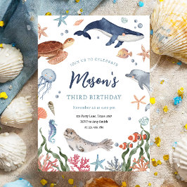 海の下で航海の海動物少年誕生日 招待状