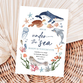 海の下で航海の海動物少年誕生日 招待状