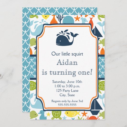 海の下で航海の誕生日 招待状 (正面/裏面)