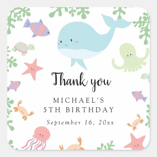 海の下で誕生日かわいいかわいいありがとう スクエアシール (正面)