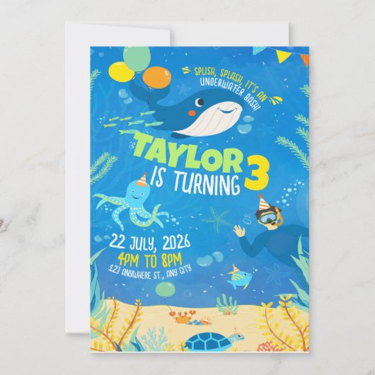 海の下で誕生日,海動物誕生日パー 招待状 (正面)
