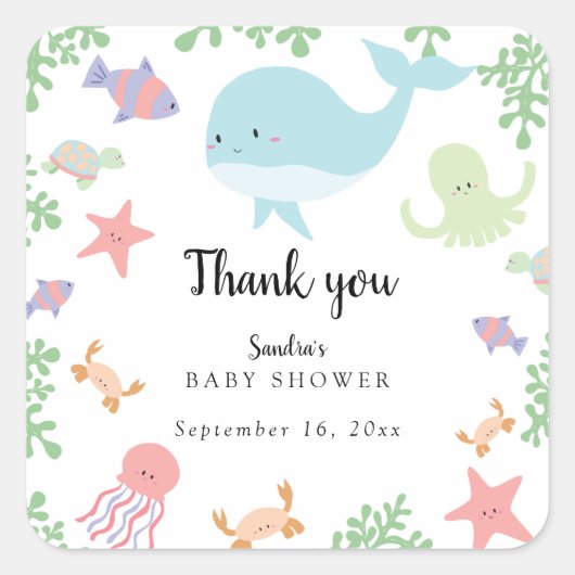 海の下で赤ちゃんシャワーかわいいかわいいありがとう スクエアシール (正面)