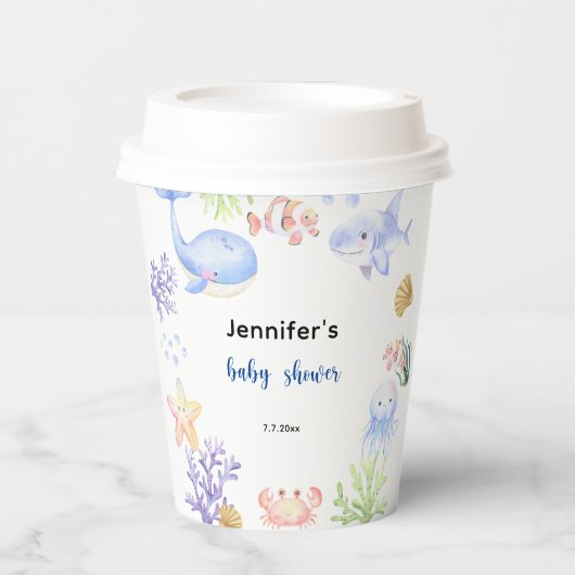 海の下で赤ちゃんシャワーの海動物 紙コップ (正面)