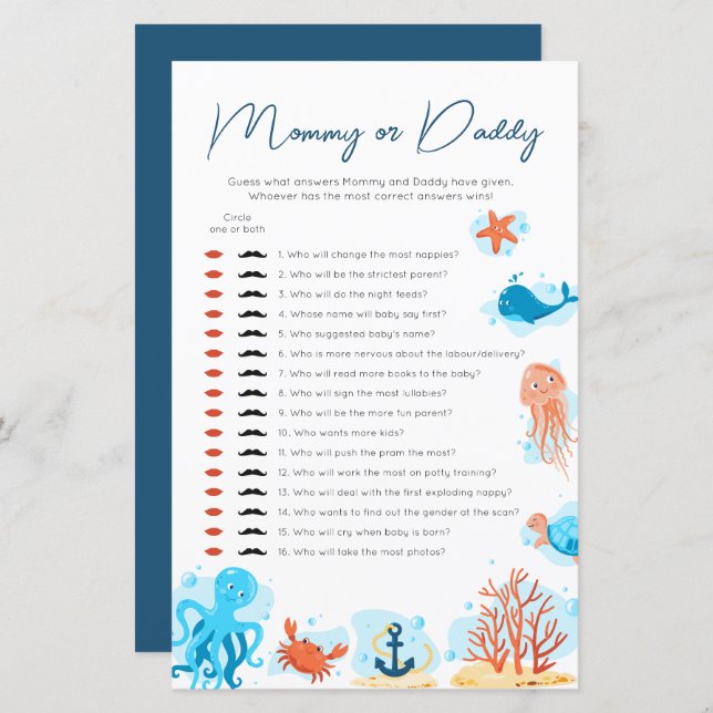 海の下で赤ちゃんシャワー推測ママまたはパパ (正面/裏面)