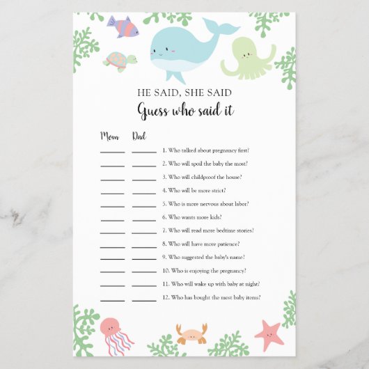 海の下で赤ちゃんシャワー推測誰がゲームを言った チラシ (正面)