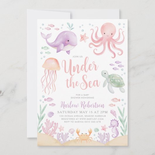 海の下で赤ちゃんシャワー海ガール明るい 招待状 (正面)