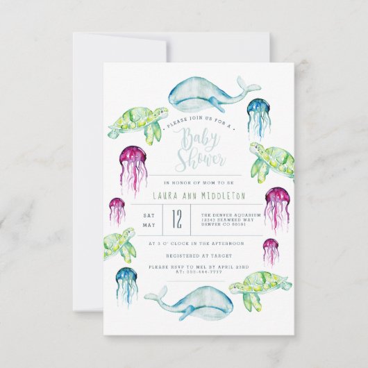 海の下で赤ちゃんシャワー海動物の水色 招待状 (正面)