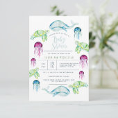 海の下で赤ちゃんシャワー海動物の水色 招待状 (スタンド正面)