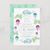 海の下で赤ちゃんシャワー海動物の水色 招待状 (正面/裏面)
