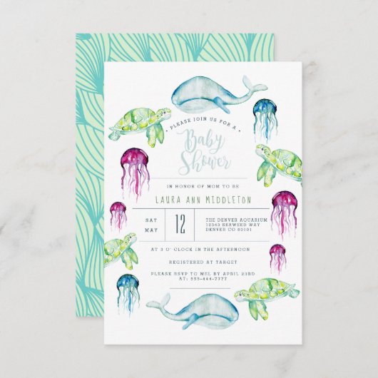 海の下で赤ちゃんシャワー海動物の水色 招待状 (正面/裏面)