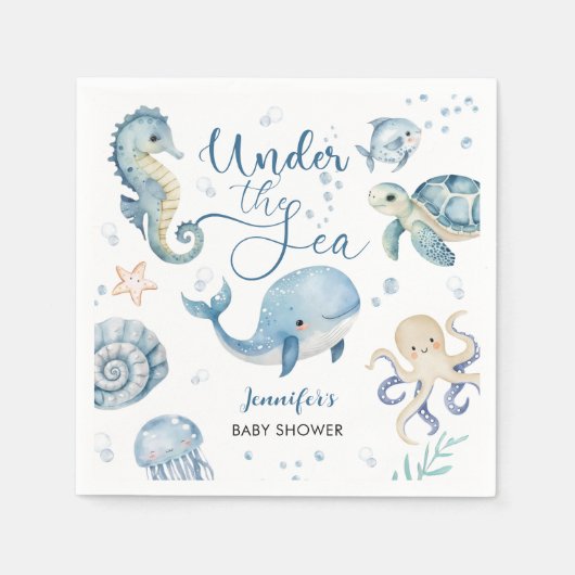 海の下で赤ちゃんシャワー青い男の子の水色 スタンダードカクテルナプキン (正面)