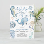 海の下で赤ちゃんシャワー青い男の子の水色 招待状 (スタンド正面)