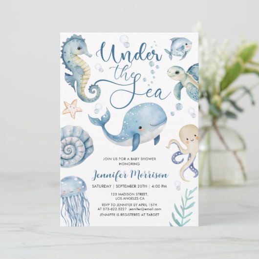 海の下で赤ちゃんシャワー青い男の子の水色 招待状 (スタンド正面)