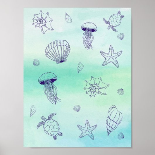 海の下で青いウミガメの線アートポスター ポスター (正面)