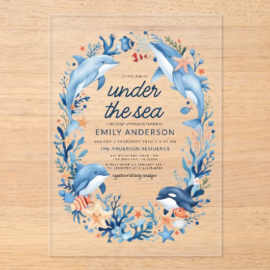 海の下で青い海生き物の赤ちゃんシャワー アクリル招待状 (正面)