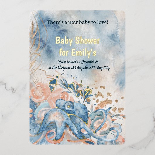 海の下で青ビーチクジラの赤ちゃんシャワー 箔招待状 (正面)