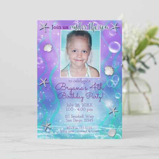 海の下で魅惑パープルティール(緑がかった色)写真パーティー 招待状 (スタンド正面)