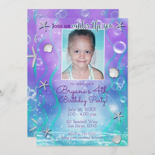 海の下で魅惑パープルティール（緑がかった色）写真パーティー 招待状 (正面/裏面)