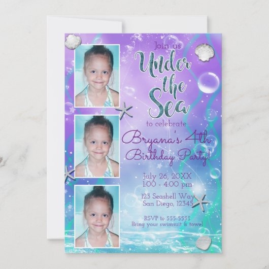 海の下で魅惑パープルティール(緑がかった色)3写真パーティー 招待状 (正面)