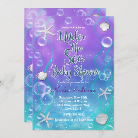 海の下で魔法の紫のティール(緑がかった色)赤ちゃんシャワー 招待状 (正面/裏面)