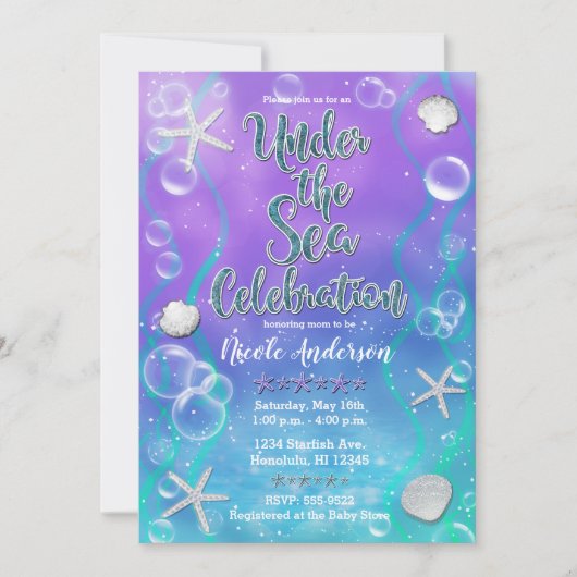 海の下で魔法の紫のティール（緑がかった色）赤ちゃんシャワー 招待状 (正面)