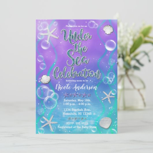 海の下で魔法の紫のティール（緑がかった色）赤ちゃんシャワー 招待状 (スタンド正面)