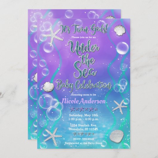 海の下で魔法の紫の双子の赤ちゃんシャワー 招待状 (正面/裏面)