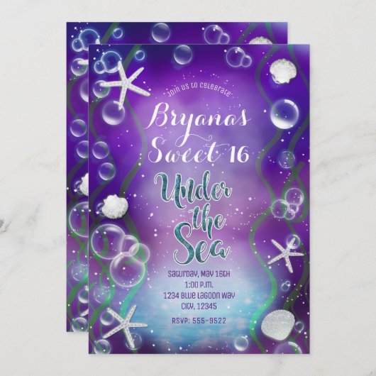 海の下で魔法の紫の甘い16誕生日 招待状 (正面/裏面)