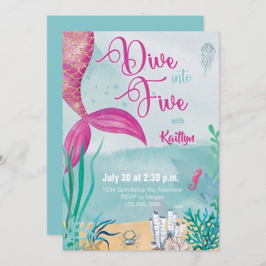 海の下で5人の人魚に飛び込む誕生日 招待状 (正面/裏面)