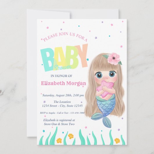海の下で，マーメイドのシーシェル星の赤ちゃんシャワー 招待状 (正面)