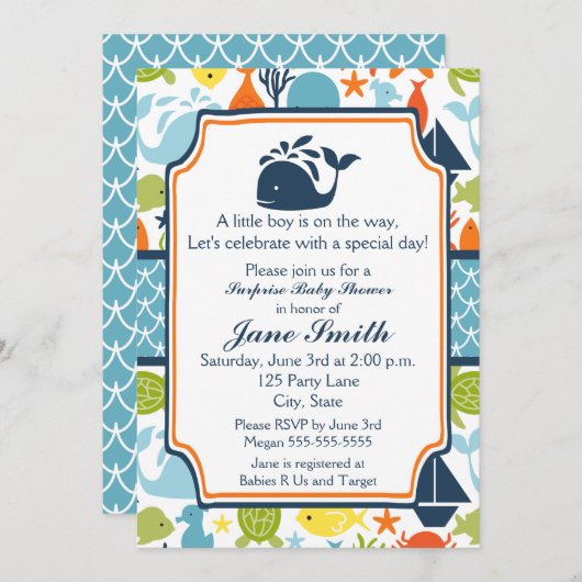 海の下で,海動物の赤ちゃんシャワー 招待状 (正面/裏面)