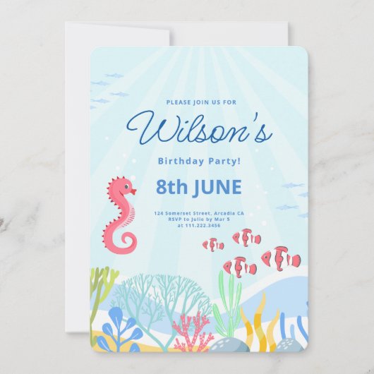 海の下で，海動物パーティー誕生日 招待状 (正面)