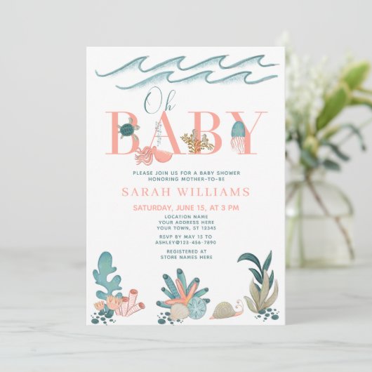 海の下でQRコード水の色オ赤ちゃんシャワー 招待状 (スタンド正面)