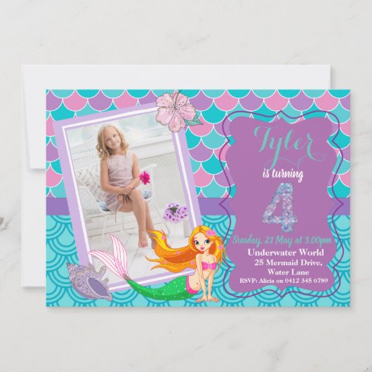 海の下にいる人魚のひいさま，4歳の誕生日の招待 招待状 (正面)