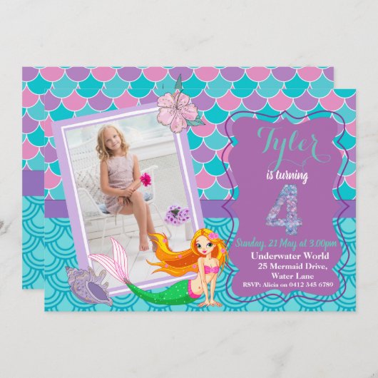 海の下にいる人魚のひいさま,4歳の誕生日の招待 招待状 (正面/裏面)